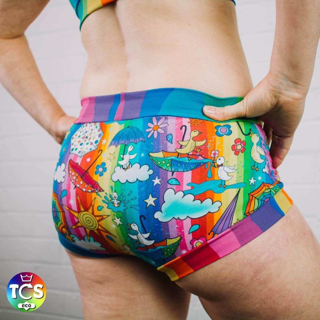 Back view of Briefs rainbow brolly duck