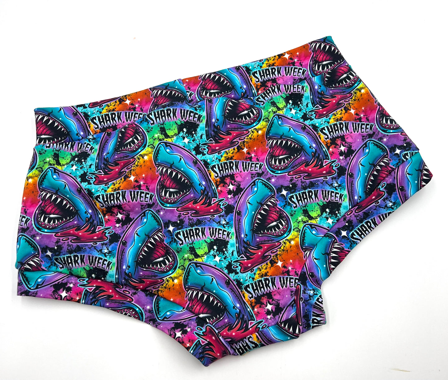 Full coverage underwear. Cotton Jersey Bright and vibrant with a shark print.