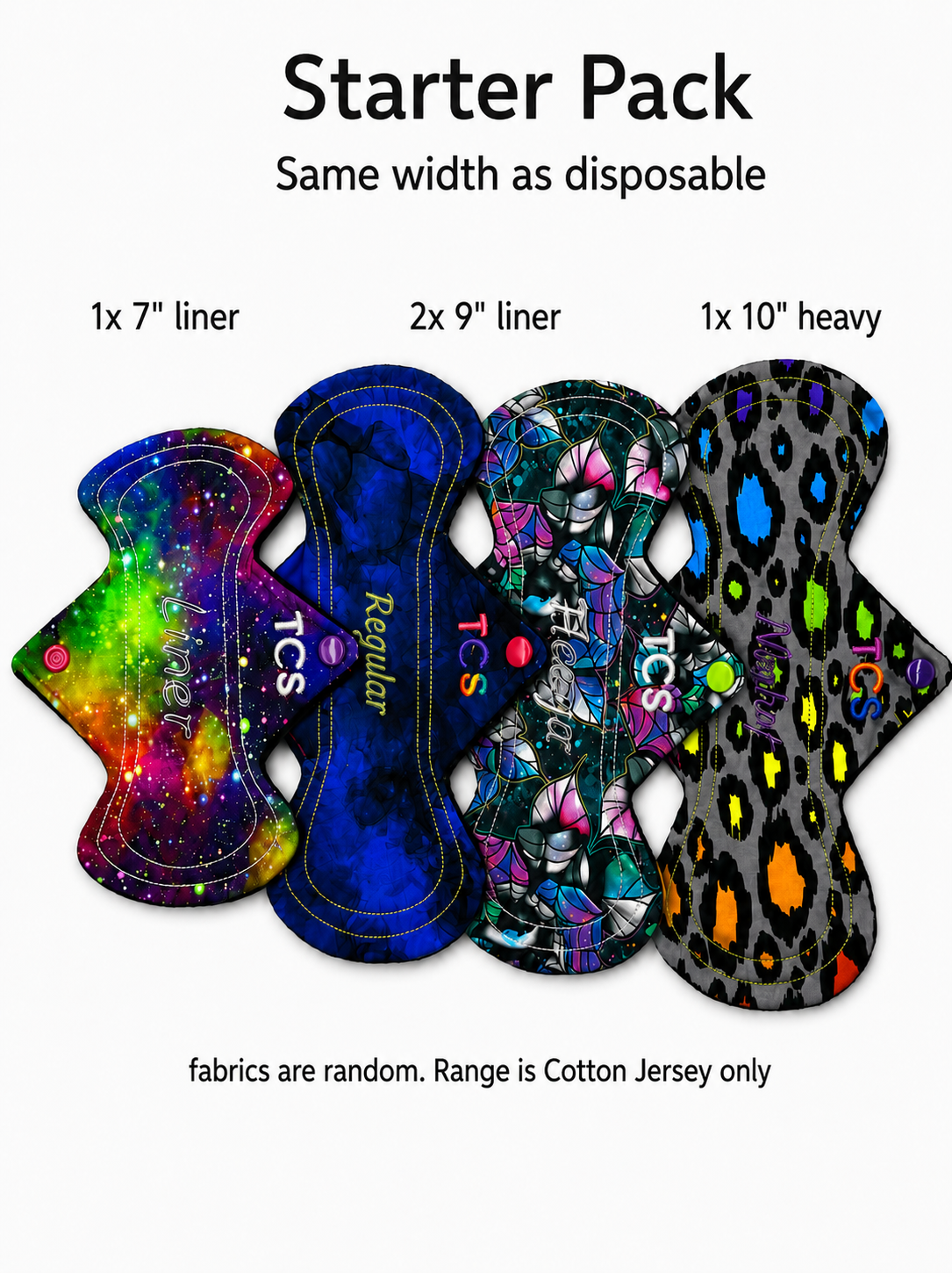 Pads of various top fabrics and absorbency in hourglass shape