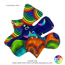 An example of a Cotton Jersey reusable Cloth Pad Starter pack from TCS-eco. The Cloth Sanitary Pads (CSP) have a brightly coloured printed top fabric. The 3 pads are 11” in length and standard width, this starter pack contains 3 different TCS-eco pad shapes 3 heavy absorbency. Standard width cloth sanitary pads have a width the same as a disposable sanitary pad.