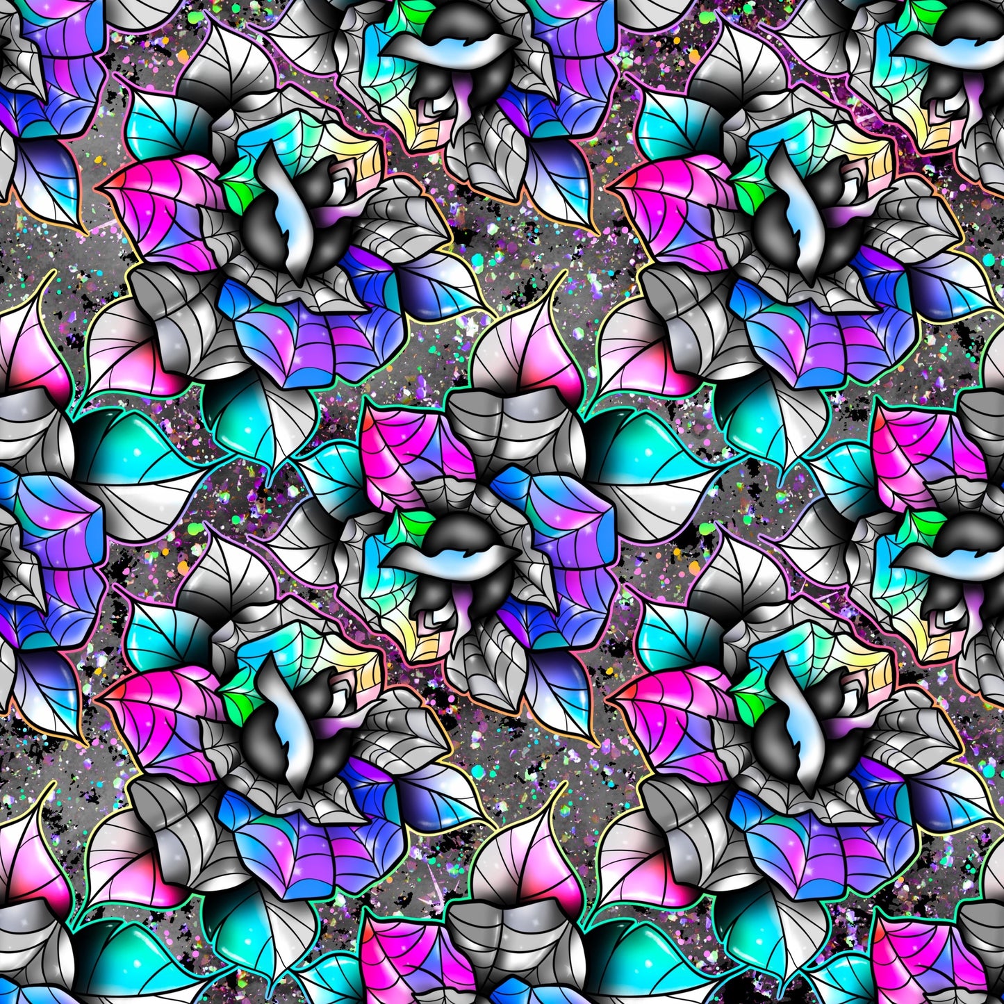 Pattern suitable for cotton jersey underwear Stain glass roses on a grey background,