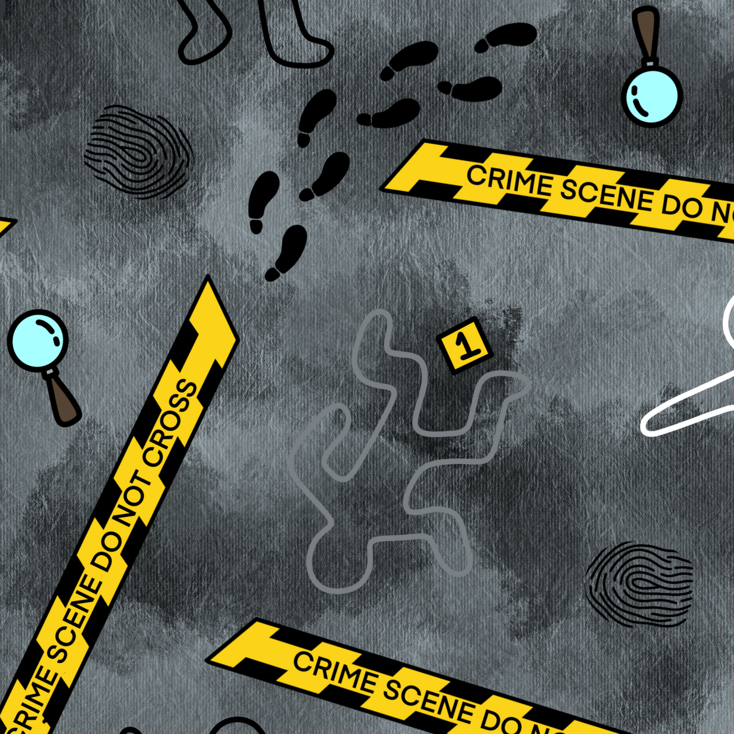 A visual image of the seamless file Crime Scene. The image has crime scene tape and chalk outlines, footprints and magnifying glasses.