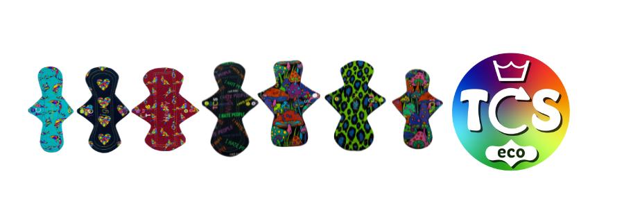 An Trio of TCS-eco pads with different Cotton Jersey top fabric.  The shape is Hourglass wide TCS-eco Cloth Sanitary Pads (CSP).