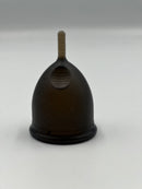 Large menstrual cup with stem and finger grips