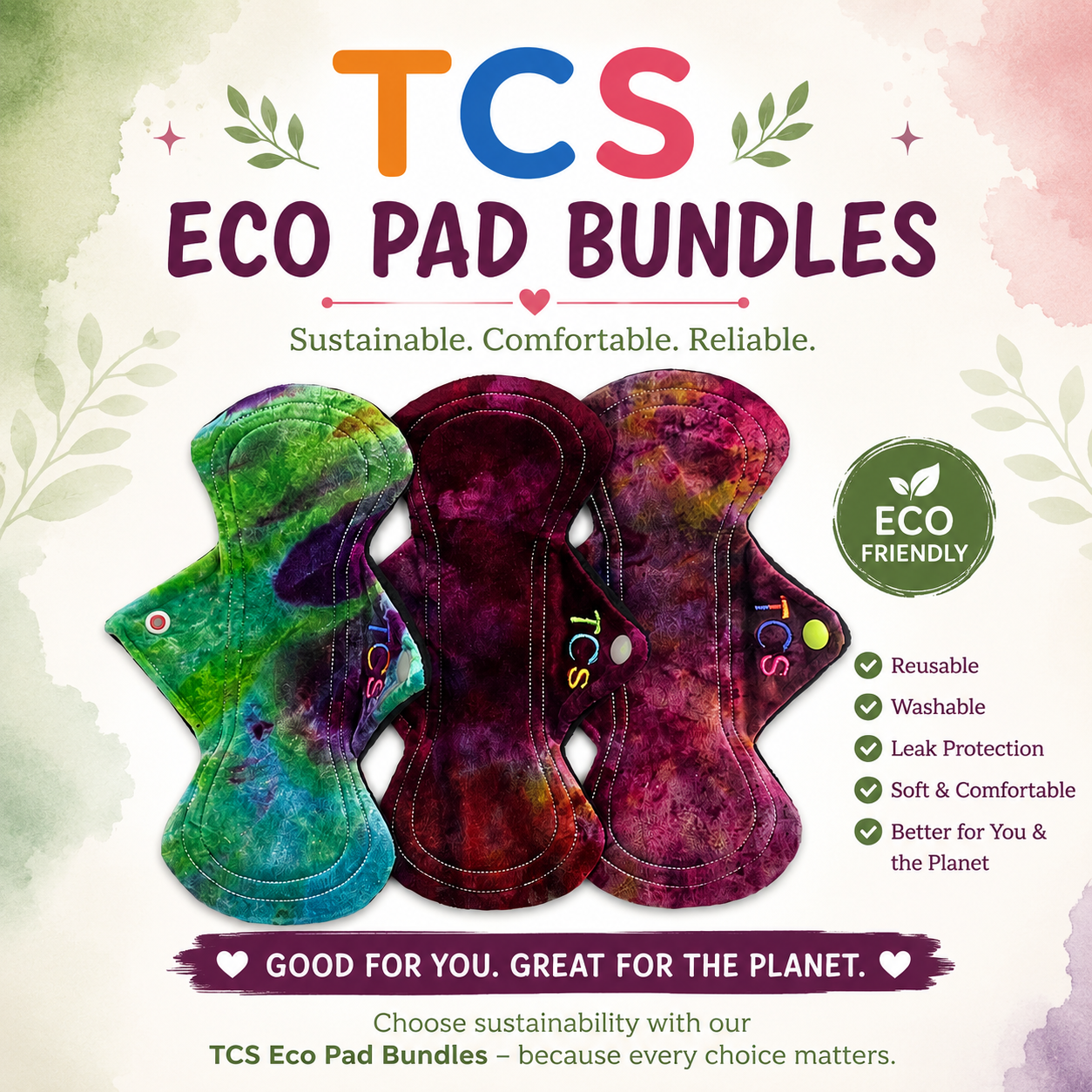 TCS Eco Pad Bundles with colorful pads on a nature-themed background Bamboo flour

