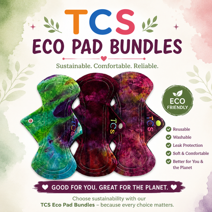TCS Eco Pad Bundles with colorful pads on a nature-themed background Bamboo flour

