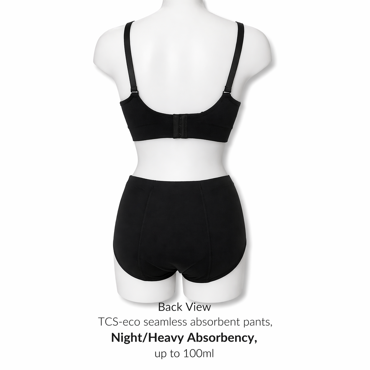 Black TCS-eco seamless absorbent pants on a mannequin with text indicating night/heavy absorbency.