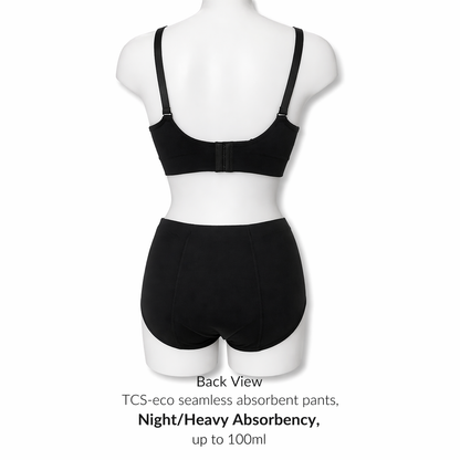 Black TCS-eco seamless absorbent pants on a mannequin with text indicating night/heavy absorbency.