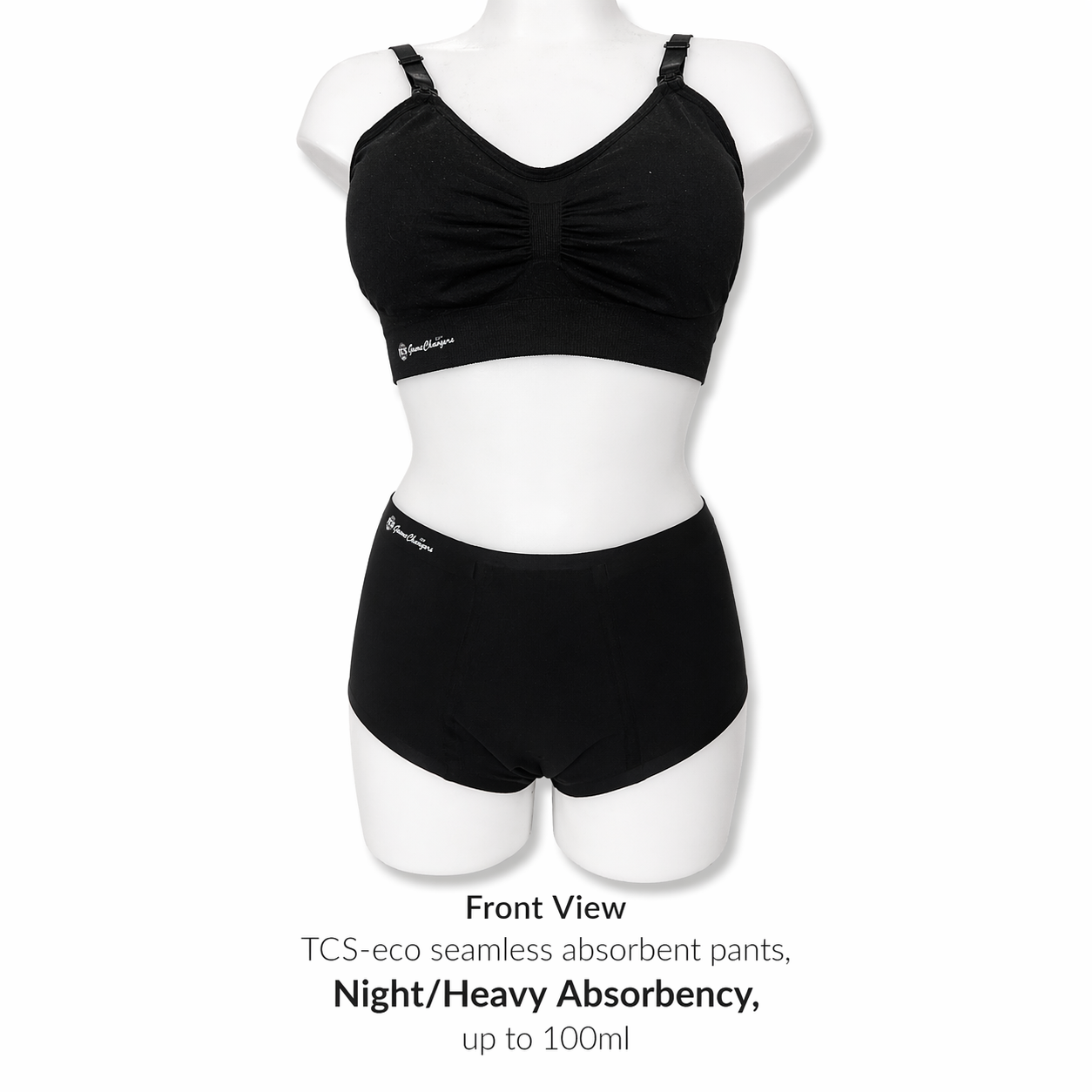 Black TCS-eco seamless absorbent pants on a mannequin with text indicating night/heavy absorbency.
