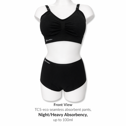 Black TCS-eco seamless absorbent pants on a mannequin with text indicating night/heavy absorbency.