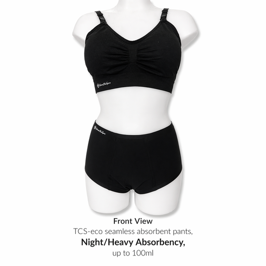 Black TCS-eco seamless absorbent pants on a mannequin with text indicating night/heavy absorbency.