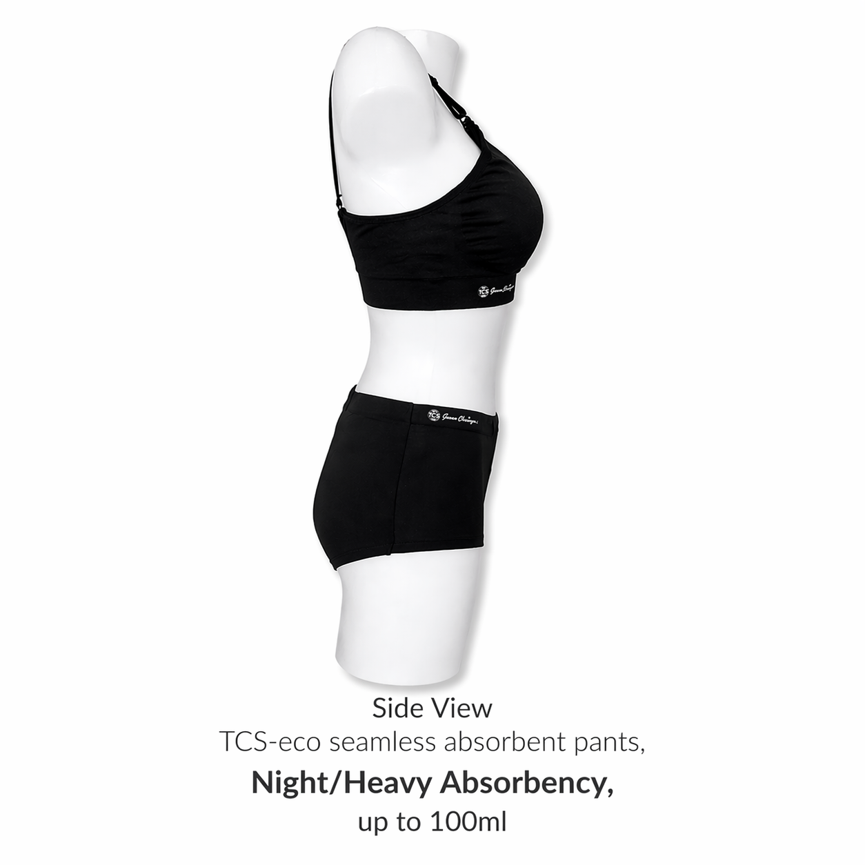 Black TCS-eco seamless absorbent pants on a mannequin with text indicating night/heavy absorbency. Side view