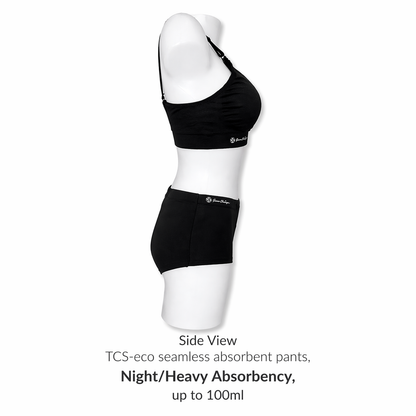 Black TCS-eco seamless absorbent pants on a mannequin with text indicating night/heavy absorbency. Side view