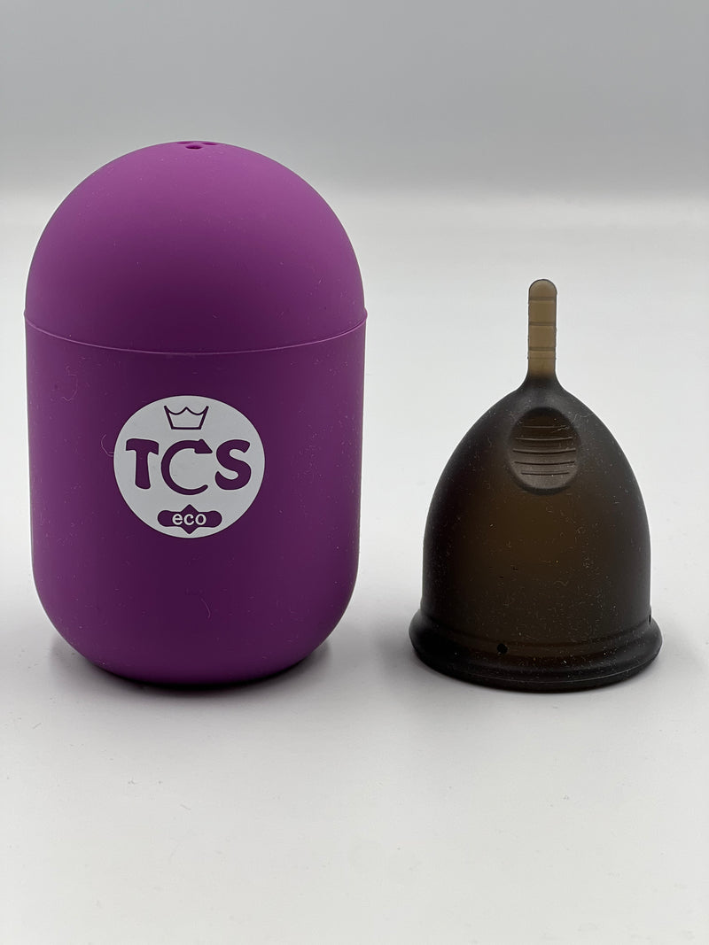 Menstrual cup with stem and finger grips, with a menstrual cup steriliser