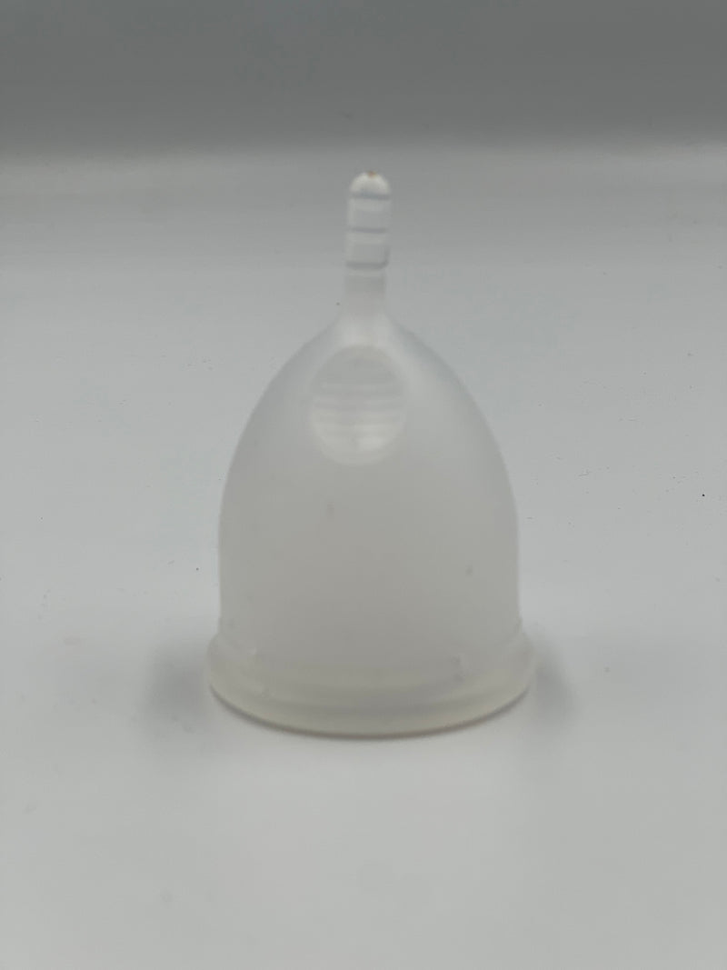 Adult menstrual cup with stem and finger grips 