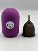 Menstrual cup with stem and finger grips, with a menstrual cup steriliser