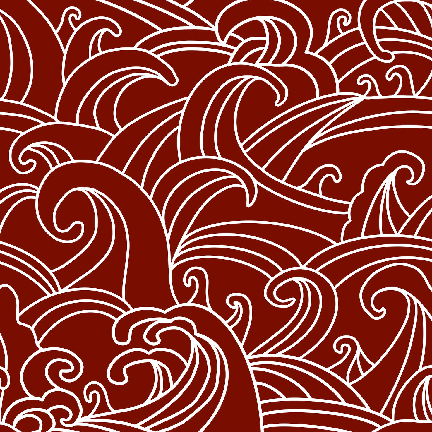 Pattern of stylised waves in white on a red background
