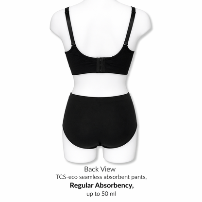 Black TCS-eco seamless absorbent pants on a mannequin with text indicating regular absorbency.