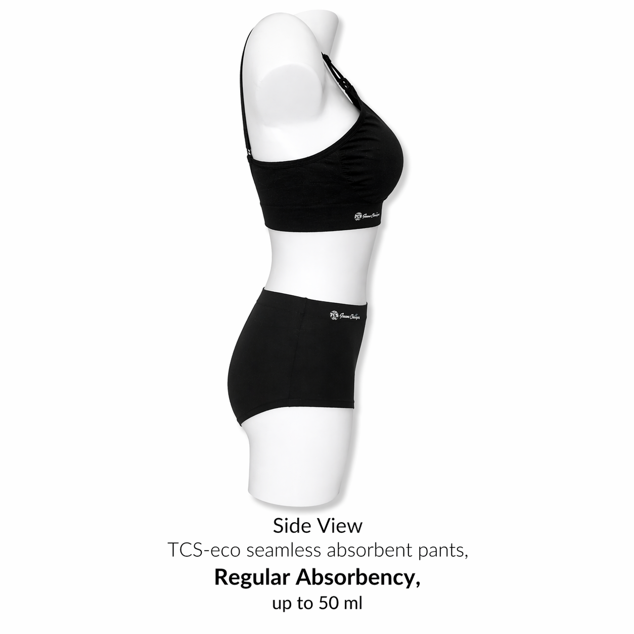 Black TCS-eco seamless absorbent pants on a mannequin with text on a white background