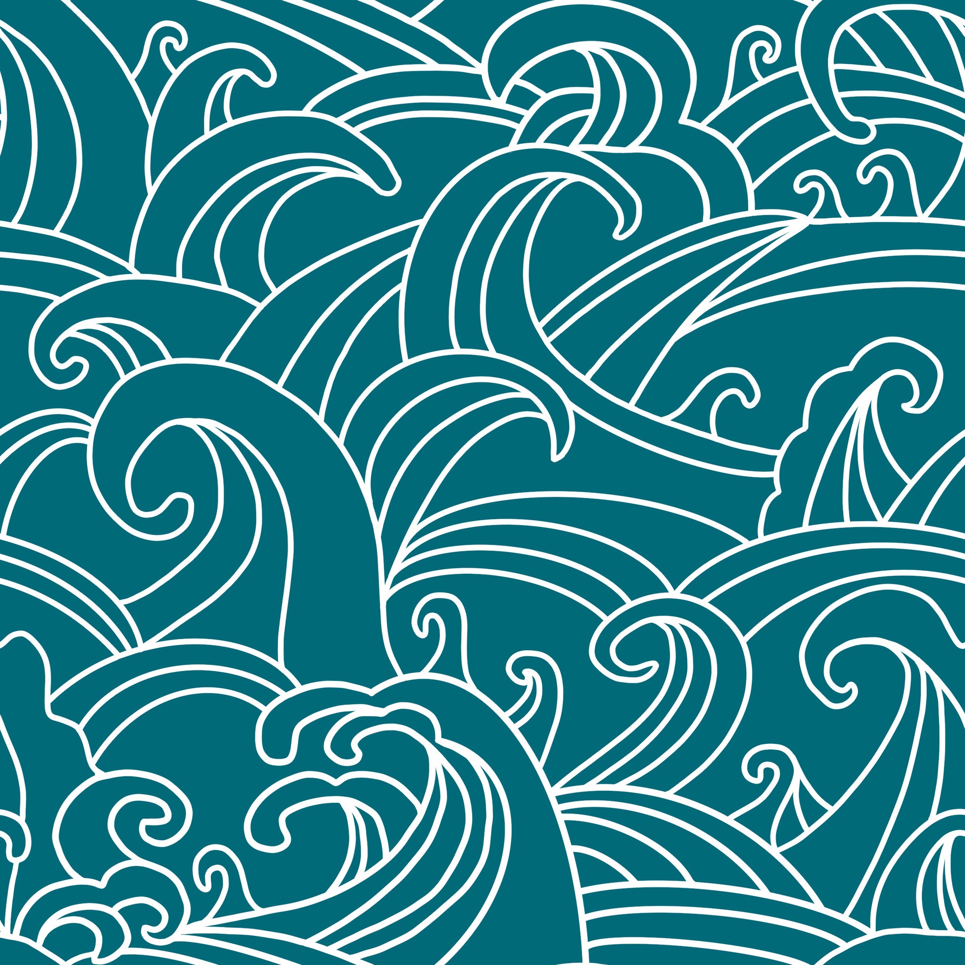 Pattern of stylized waves in teal and white on a teal background