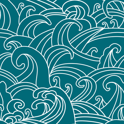 Pattern of stylized waves in teal and white on a teal background