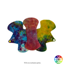 An example of a Bamboo Velour Reusable Cloth Pad Starter pack from TCS-eco. The Cloth Sanitary Pads (CSP) have a brightly coloured hand dyed top fabric. The 3 pads are 10” in length and wide width, this starter pack contains 3 different TCS-eco pad shapes 3 heavy absorbency. Wide width cloth sanitary pads have a width 0.25-0.5” wider than a disposable sanitary pad.