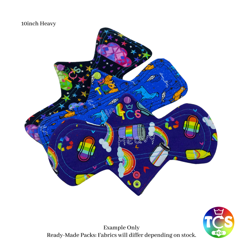 An example of a Cotton Jersey Reusable Cloth Pad Starter pack from TCS-eco. The Cloth Sanitary Pads (CSP) have a brightly coloured printed top fabric. The 3 pads are 10” in length and standard width, this starter pack contains 3 different TCS-eco pad shapes 3 heavy  absorbency. Standard width Cloth Sanitary Pads have a width the same as a disposable sanitary pad.