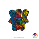 An example of a Cotton Jersey Reusable Cloth Pad Starter pack from TCS-eco. The Cloth Sanitary Pads (CSP) have a brightly coloured printed top fabric. The 3 pads are 10” in length and slim width, this starter pack contains 3 TCS-eco pad shapes 3 heavy absorbency. Slim width cloth sanitary pads have a width 0.25-0.5” slimmer than a disposable sanitary pad.