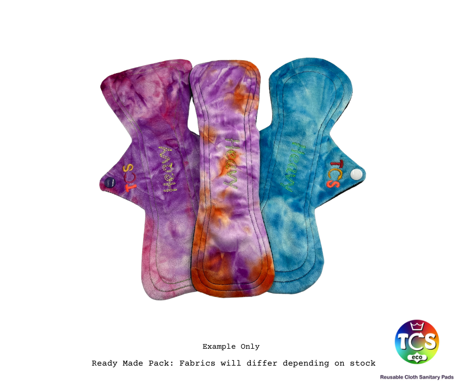 An example of a Bamboo Velour /Minky Starter pack from TCS-eco. The Cloth Sanitary Pads have a brightly coloured hand dyed bamboo velour and minky top fabric. The 3 pads are 11” in length and standard width, this starter pack contains 3 different TCS-eco pad shapes 3 heavy absorbency. Standard width cloth sanitary pads have a width the same as a disposable sanitary pad.