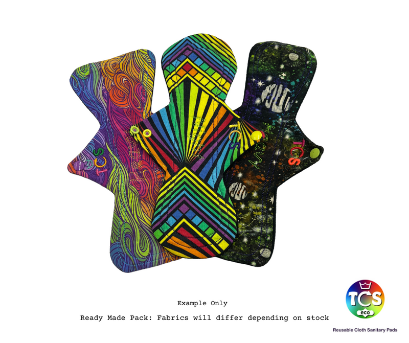 An example of a Cotton Jersey reusable Cloth Pad Starter pack from TCS-eco. The Cloth Sanitary Pads (CSP) have a brightly coloured printed top fabric. The 3 pads are 11” in length and standard width, this starter pack contains 3 different TCS-eco pad shapes 3 regular absorbency. Standard width cloth sanitary pads have a width the same as a disposable sanitary pad.