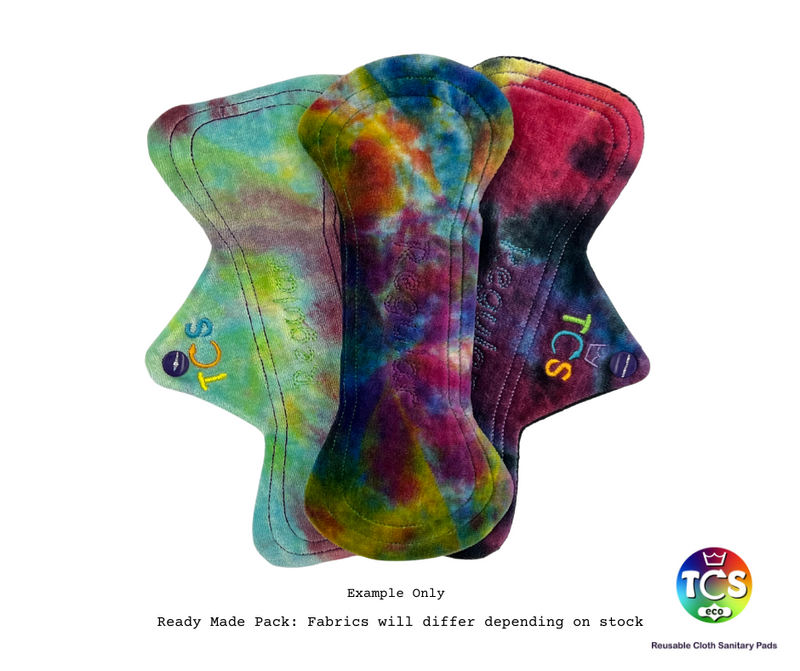 A Triplet of CSP from TCS-eco. Cloth Sanitary Pads with bright and vibrant bamboo velour top fabric. All TCS-eco Bamboo velour is unique and makes bright TCS-eco Cloth Sanitary Pads