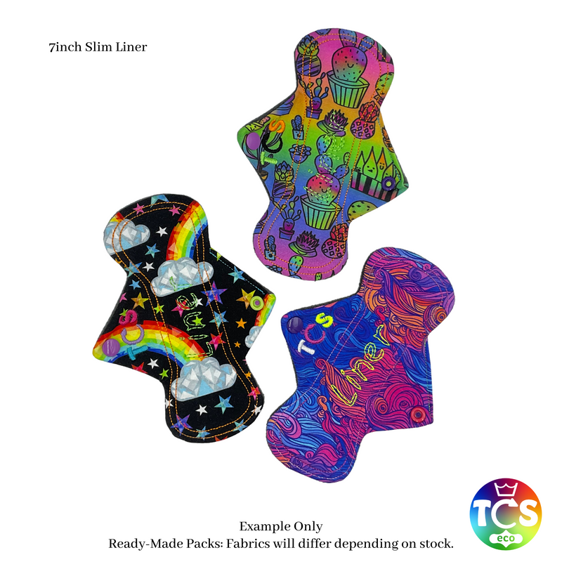 An example Starter pack from TCS-eco.  The Cloth Sanitary Pads with a brightly coloured cotton Jersey top fabric.  The 3 pads are 7” in length and slim width.  This shape is designed for smaller framed people.