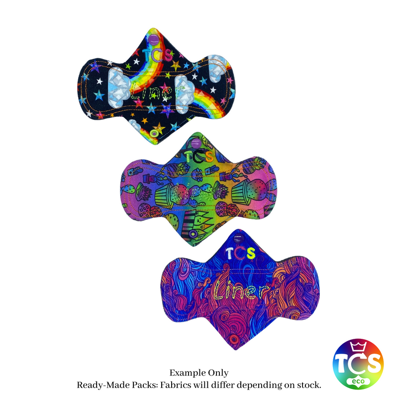 An example Starter pack from TCS-eco.  The Cloth Sanitary Pads with a brightly coloured cotton Jersey top fabric.  The 3 pads are 7” in length and slim width.  This shape is designed for smaller framed people.