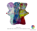 An example of a Bamboo Velour /Minky Starter pack from TCS-eco. The Cloth Sanitary Pads have a brightly coloured hand dyed bamboo velour and minky top fabric. The 3 pads are 11” in length and standard width, this starter pack contains 3 different TCS-eco pad shapes 3 heavy absorbency. Standard width cloth sanitary pads have a width the same as a disposable sanitary pad.