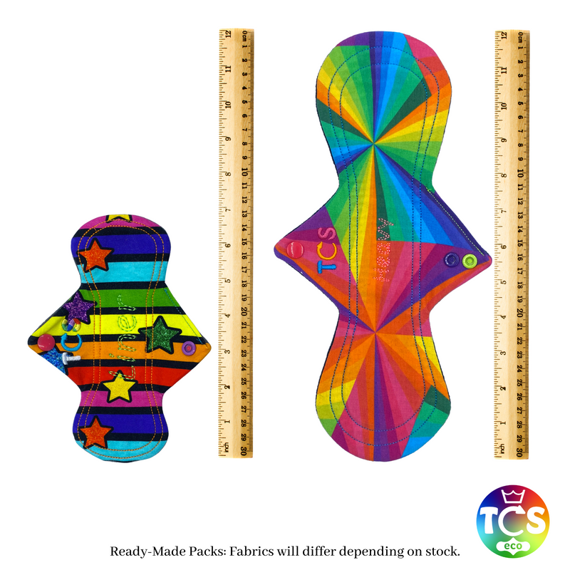 An example of a slim 7 inch liner and a hourglass 12 inch heavy Cloth Sanitary Pad.  The TCS-eco Cloth Sanitary Pads have brightly coloured cotton jersey top fabric.  