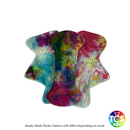 An example of a Bamboo Velour Starter pack from TCS-eco. The Cloth Sanitary Pads have a brightly coloured hand dyed bamboo velour top fabric. The 3 pads are 8” in length and standard width, this starter pack contains 3 different TCS-eco pad shapes. Standard width shape cloth sanitary pads have a width the same as a disposable sanitary pad.