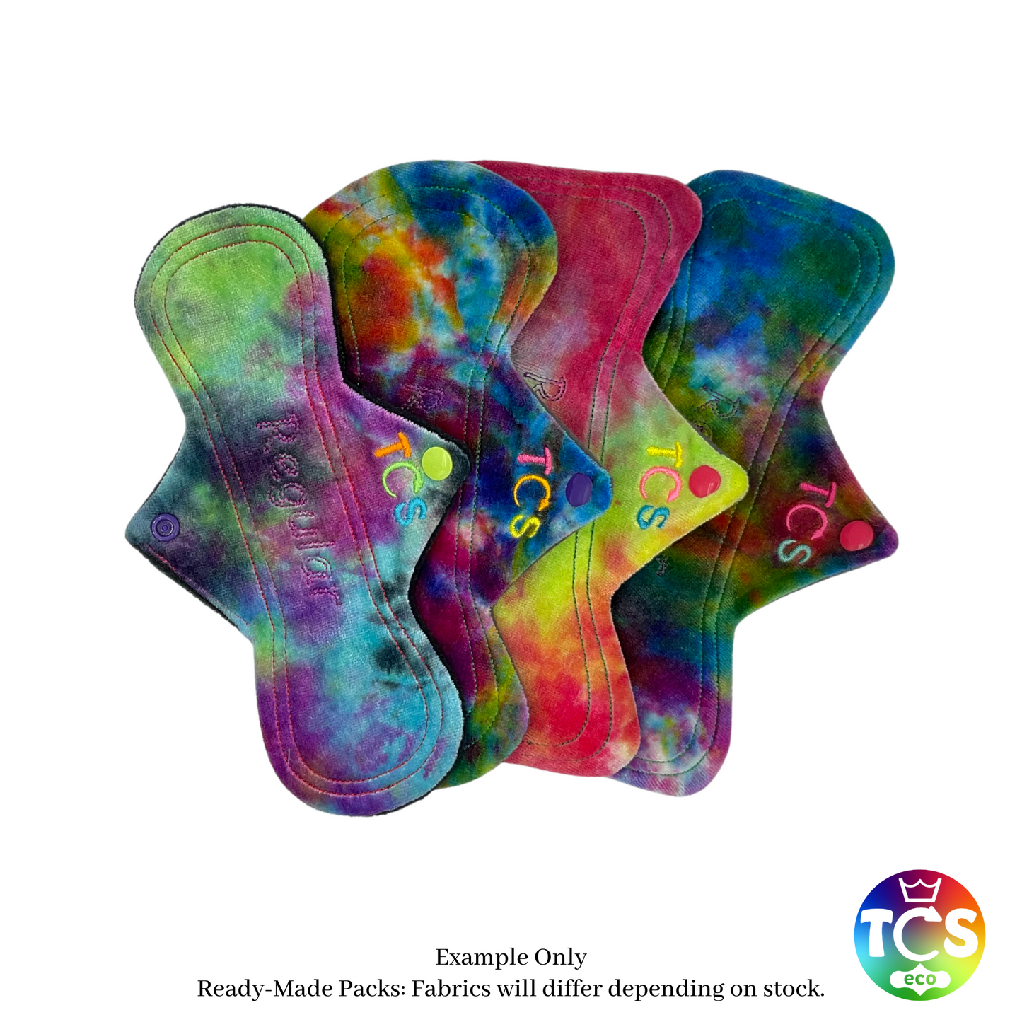 An example the cloth sanitary pads available with Bamboo Velour from TCS-eco. The Cloth Sanitary Pads have a brightly coloured hand dyed bamboo velour top fabric. The image has all 4 reusable cloth pads. They are 9 inch in length, The shapes are from left to right, Slim, hourglass, classic and petite. Standard width shape cloth sanitary pads have a width the same as a disposable sanitary pad.