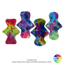 An example the cloth sanitary pads available with Bamboo Velour from TCS-eco. The Cloth Sanitary Pads have a brightly coloured hand dyed bamboo velour top fabric. The image has all 4 reusable cloth pads.  They are 9 inch in length, The shapes are from left to right, Classic, Petite, Hourglass and slim. Standard width shape cloth sanitary pads have a width the same as a disposable sanitary pad.