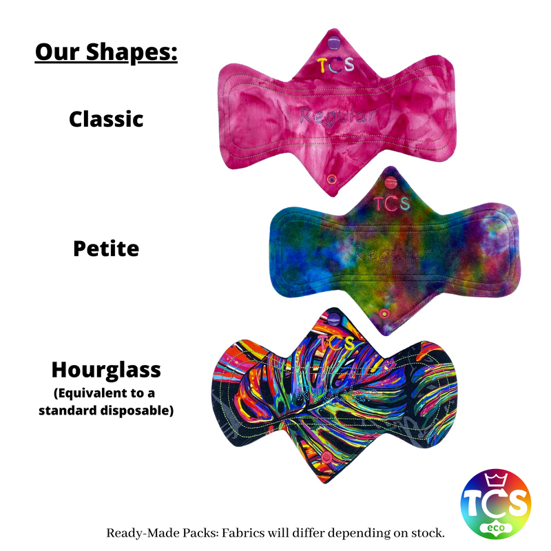 An image of the 3 standard width shape reusable cloth pads from TCS-eco.  All different top fabrics.  Minky/plush, bamboo velour and cotton jersey  TCS-eco starter pack have 3 reusable pads in each pack.