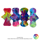 An example the cloth sanitary pads available with Bamboo Velour from TCS-eco. The Cloth Sanitary Pads have a brightly coloured hand dyed bamboo velour top fabric. The image has all 4 reusable cloth pads. They are 9 inch in length, The shapes are from left to right, Classic, Petite, Hourglass and slim. Standard width shape cloth sanitary pads have a width the same as a disposable sanitary pad.