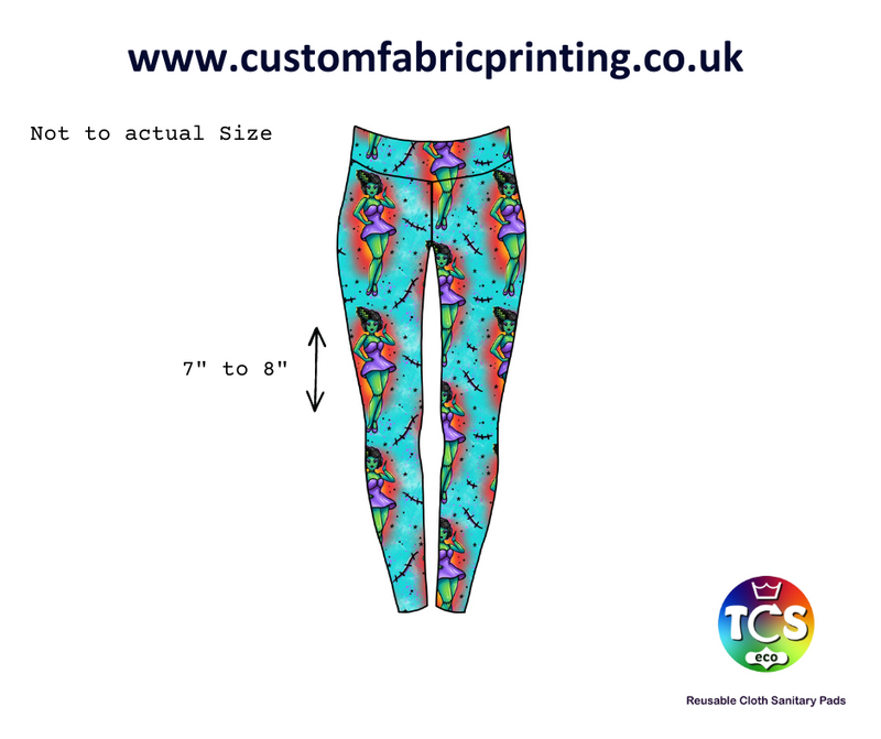 A mock up of leggings with Franken Zombie Cotton Jersey.  This design is a TCS-eco exclusive.
