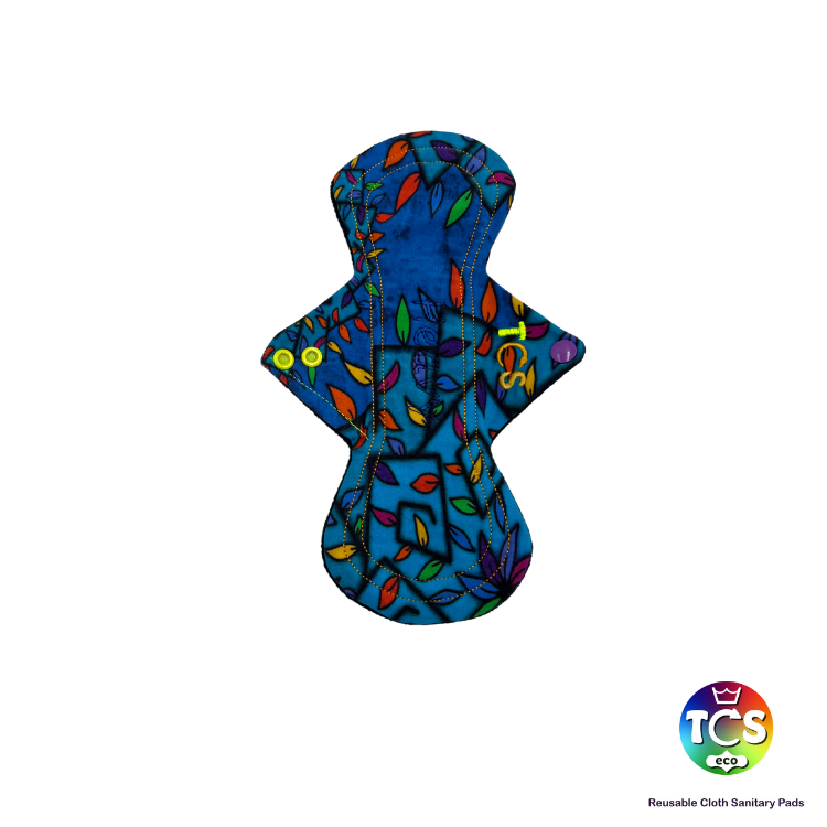 An example of an hourglass cloth sanitary pad with a bright vibrant cotton jersey.