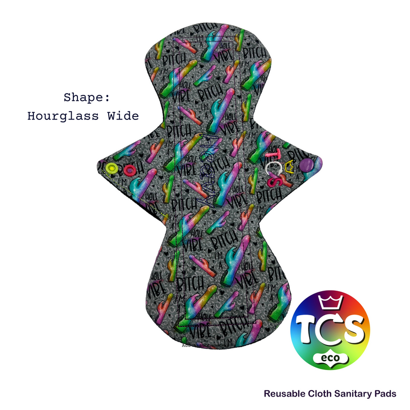 An image of a hourglass wide shaped TCS-eco Cloth Sanitary Pad. With Vibing cotton jersey top fabric. The TCS-eco logo and Reusable Cloth Sanitary pads in writing.