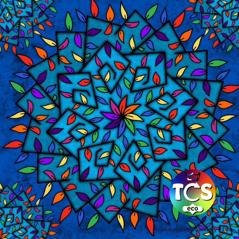 An image of a seamless design.  The design is of a stainglass with different coloured leafs.  The image has an overlay of the TCS-eco logo and Reusable cloth sanitary pads in writing.