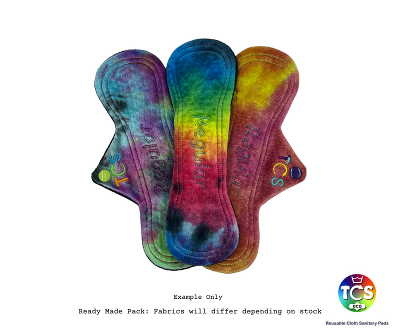 A Triplet of CSP from TCS-eco. Cloth Sanitary Pads with bright and vibrant bamboo velour top fabric. All TCS-eco Bamboo velour is unique and makes bright TCS-eco Cloth Sanitary Pads