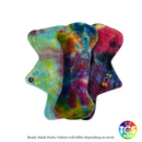 An example of a Bamboo Velour Starter pack from TCS-eco. The Cloth Sanitary Pads have a brightly coloured hand dyed bamboo velour top fabric. The 3 pads are 9 inch in length and standard width, this starter pack contains 3 different TCS-eco pad shapes. Standard width shape cloth sanitary pads have a width the same as a disposable sanitary pad. 9 inch pads are the most popular length of day disposable.