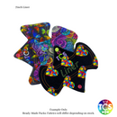 An example Starter pack from TCS-eco.  The Cloth Sanitary Pads with a brightly coloured cotton Jersey top fabric.  The 3 pads are 7” in length and standard width, This starter pack contains 3 different TCS-eco pad shapes.  This shape has a width the same as a disposable sanitary pad.