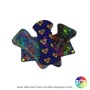 An example Starter pack from TCS-eco.  The Cloth Sanitary Pads with a brightly coloured cotton Jersey top fabric.  The 3 pads are 8” in length and standard width, this starter pack contains 3 different TCS-eco pad shapes.  This shape has a width the same as a disposable sanitary pad.