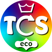 An image of the TCS-eco Logo.  It is bright and colourful with a white overlay of the Brand and a Cloth sanitary pad out line.