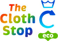 An image of the full brand name The Cloth Stop in rainbow writing with a wash logo, recycle logo and a reusable cloth pad with eco written in the middle.